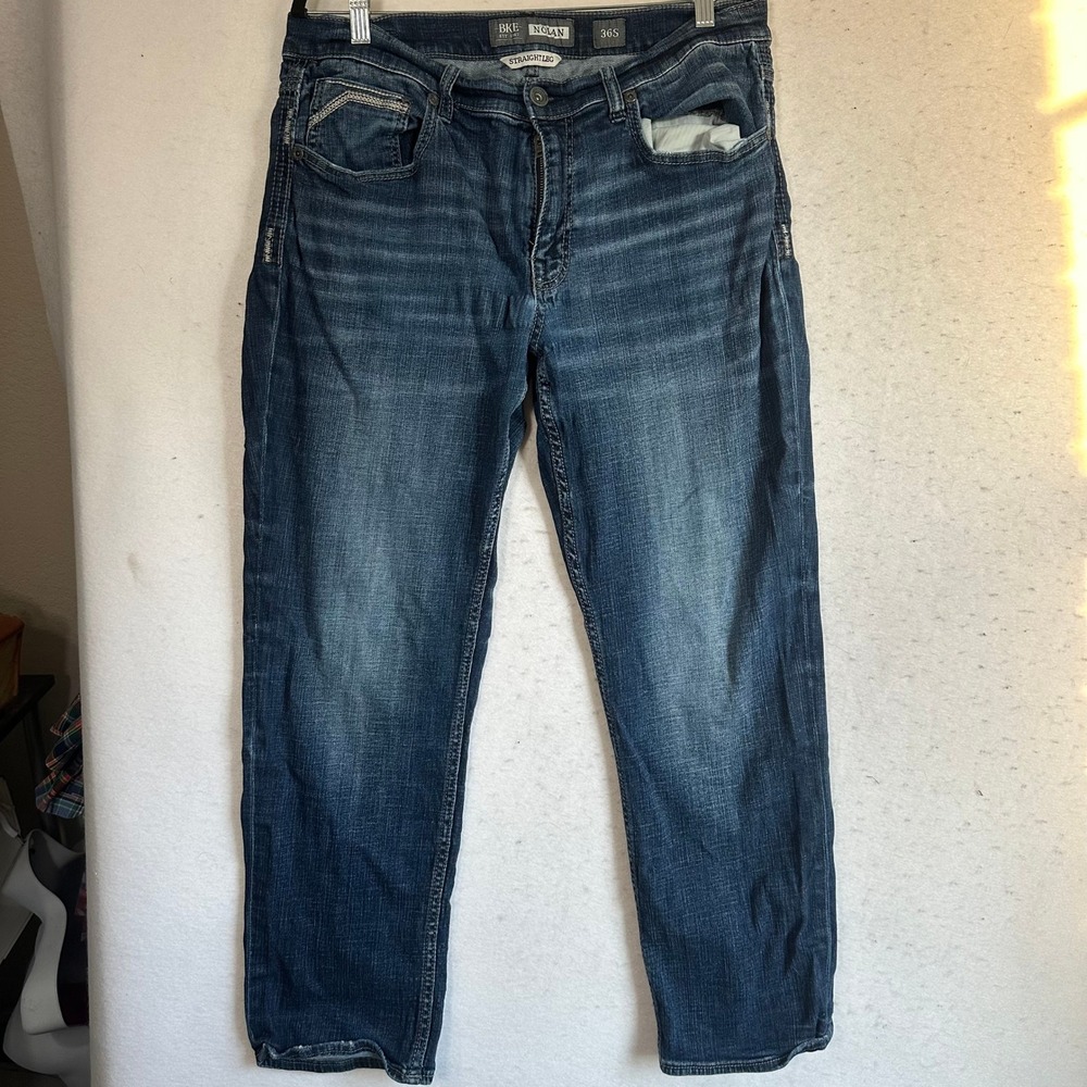 BKE Nolan Straight Leg Mens Jeans 36S Medium Wash Blue Denim Stretch 34 x 29
